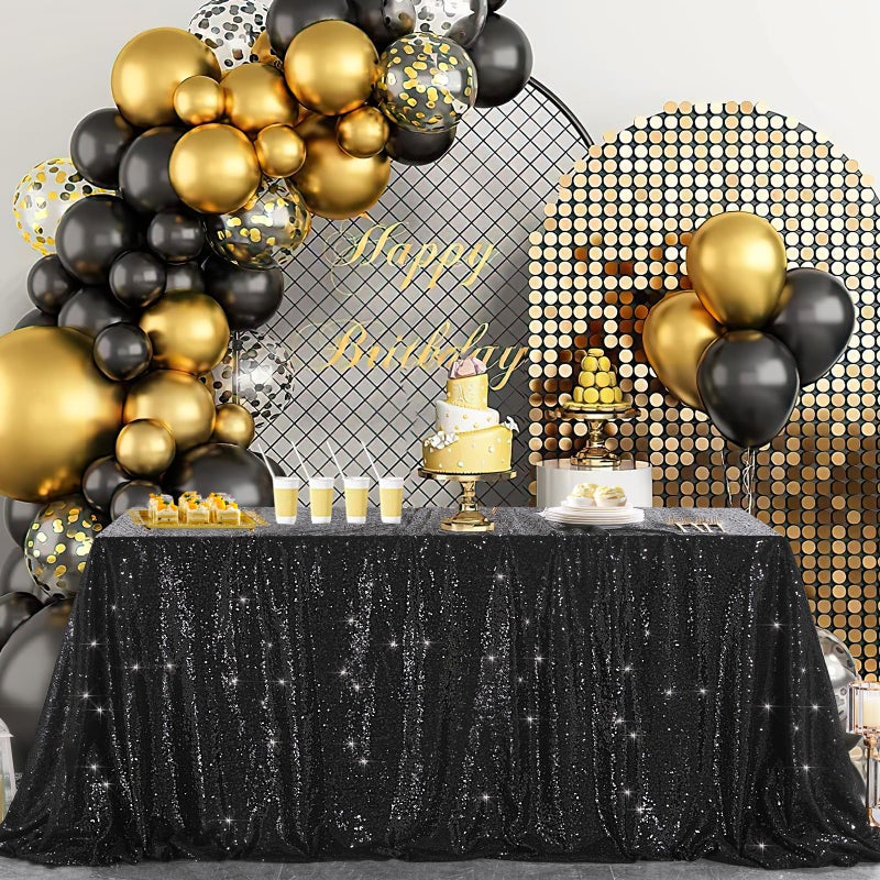 B.Cool B-COOL Seamless Sequin Table Cloth Black Glitter Design Table Cloth Wedding Overlay Birthday Party Tables Decoration Fabric 90x132-inch (Black) - Image 1